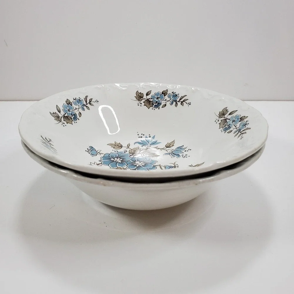 Vtg Staffordshire England Ironstone Blossomtime Blue Floral 2 Soup Cereal Bowls